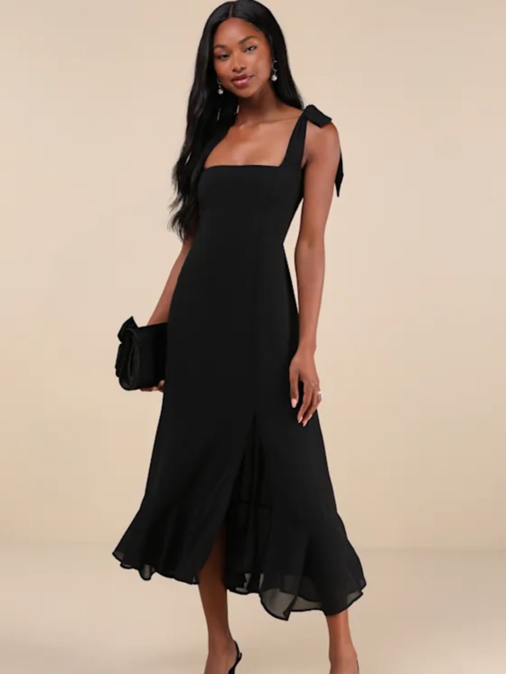 Summer Invite Black Tie-Strap Tiered Midi Dress
Lulus